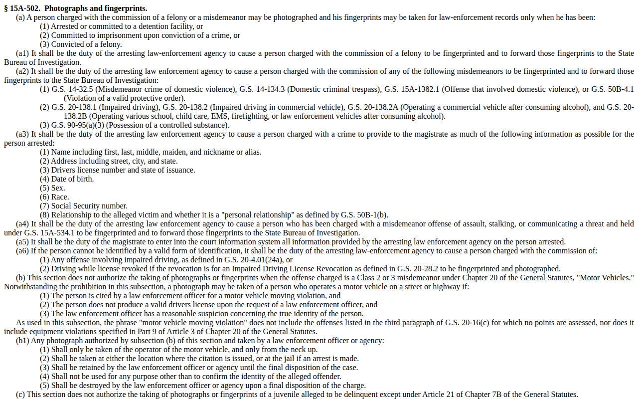North Carolina statute source about arrest photographs and booking records